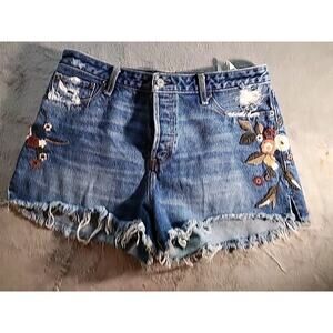 Abercrombie Annie High Rise Jean Shorts Size 12 Embroidered Floral Coconut Girl